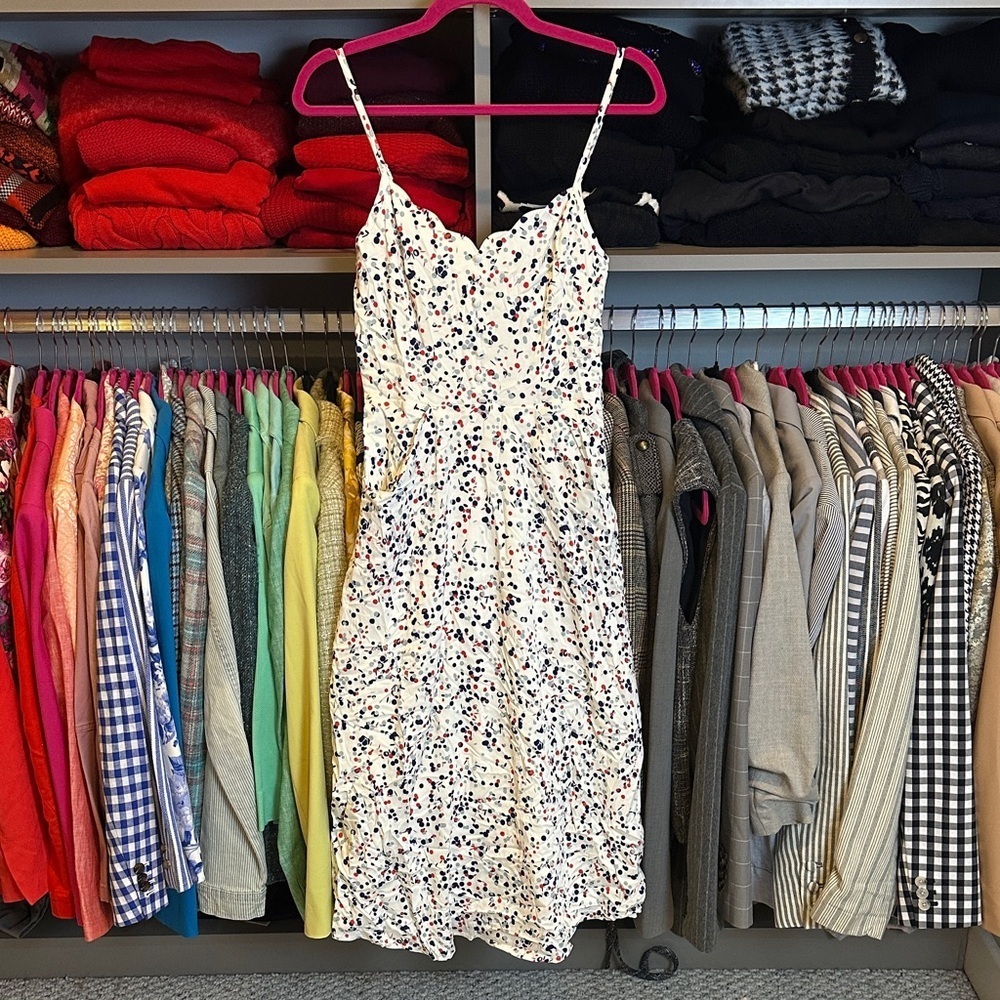 41 Hawthorn white/blue/red polka dot adjustable strap smocked midi dress XS NWT